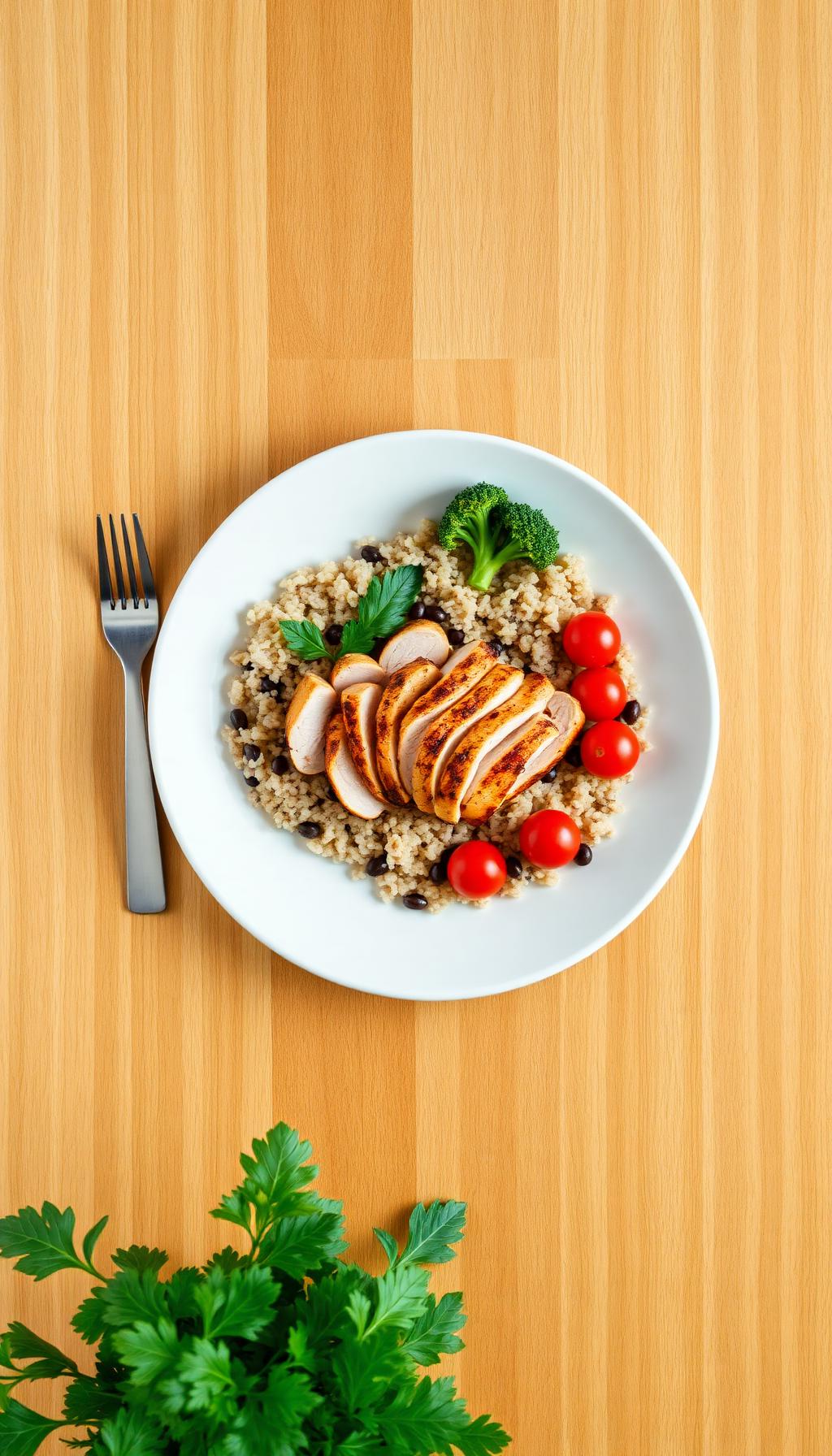 Chicken, rice and greens positioned inside the camera guide